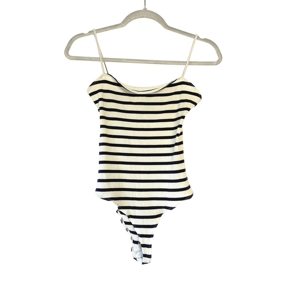 Reformation Women Black White Striped Ribbed Knit Spaghetti Strap Bodysuit A097